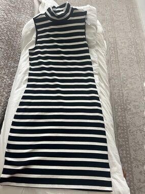 GAP Black and White Striped Sleeveless Mock Neck Mini Dress